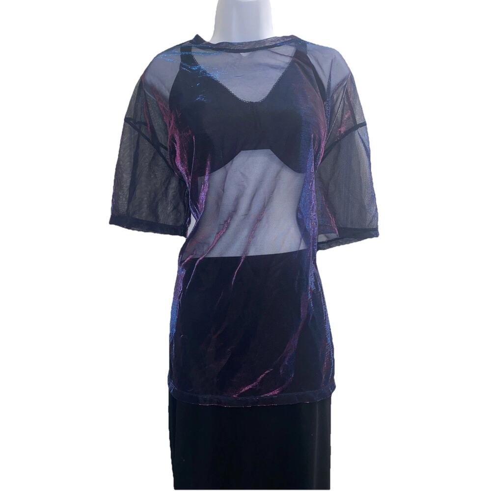 H&M Divided Womens Large Black Abstract Sheer Summer Mesh Blouse Stretch USA